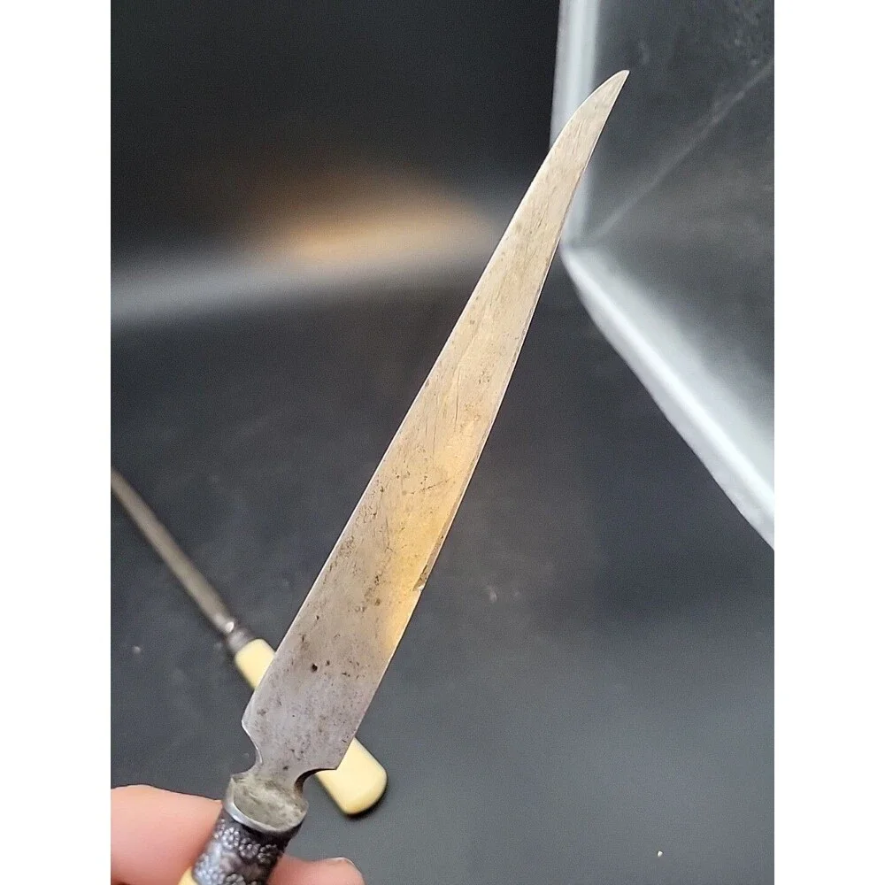 2 Pc Vtg Carving Knife Sharpener Bone? Celluloid? Handle Sterling Band Antique?